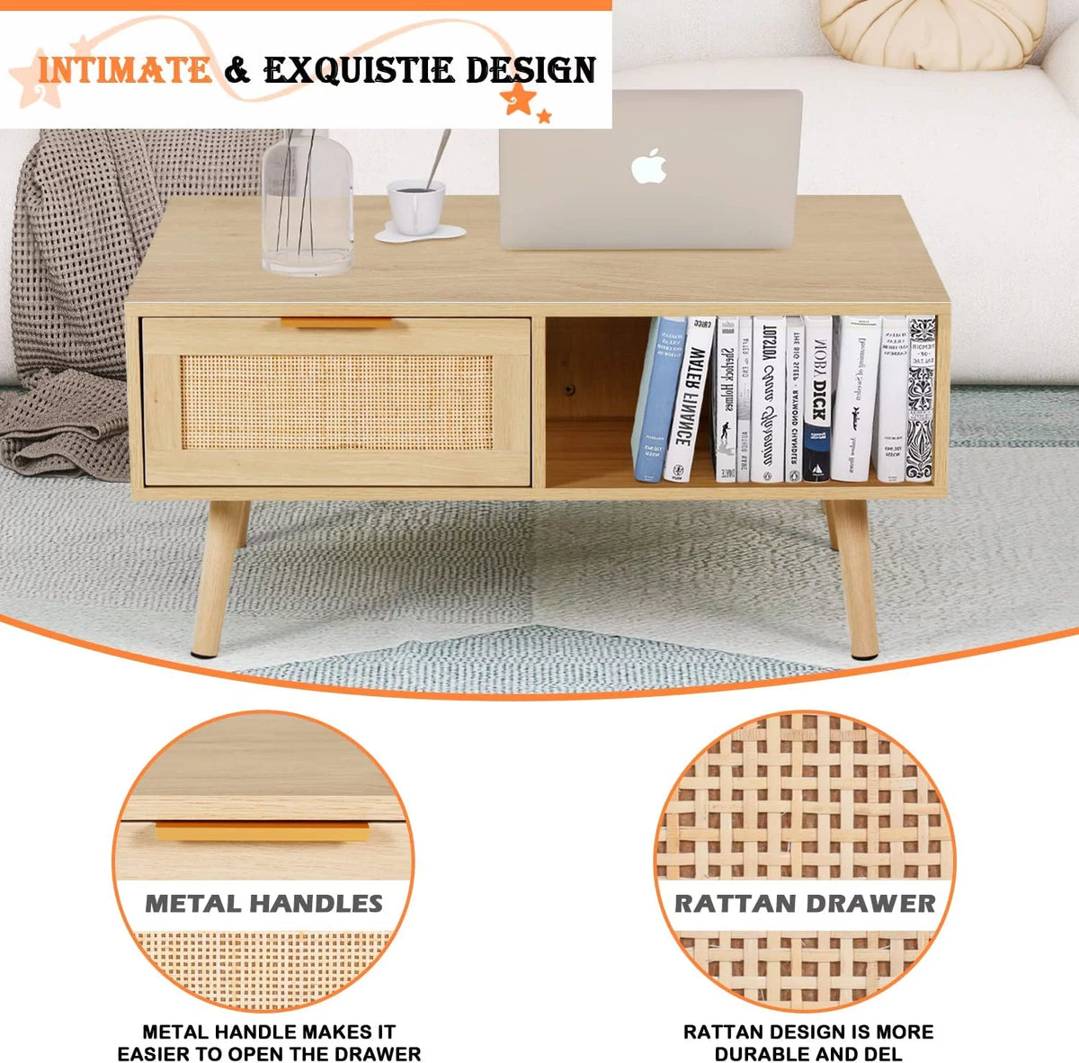 Rattan Coffee Table with 2 Drawers Natural Wood Q679
