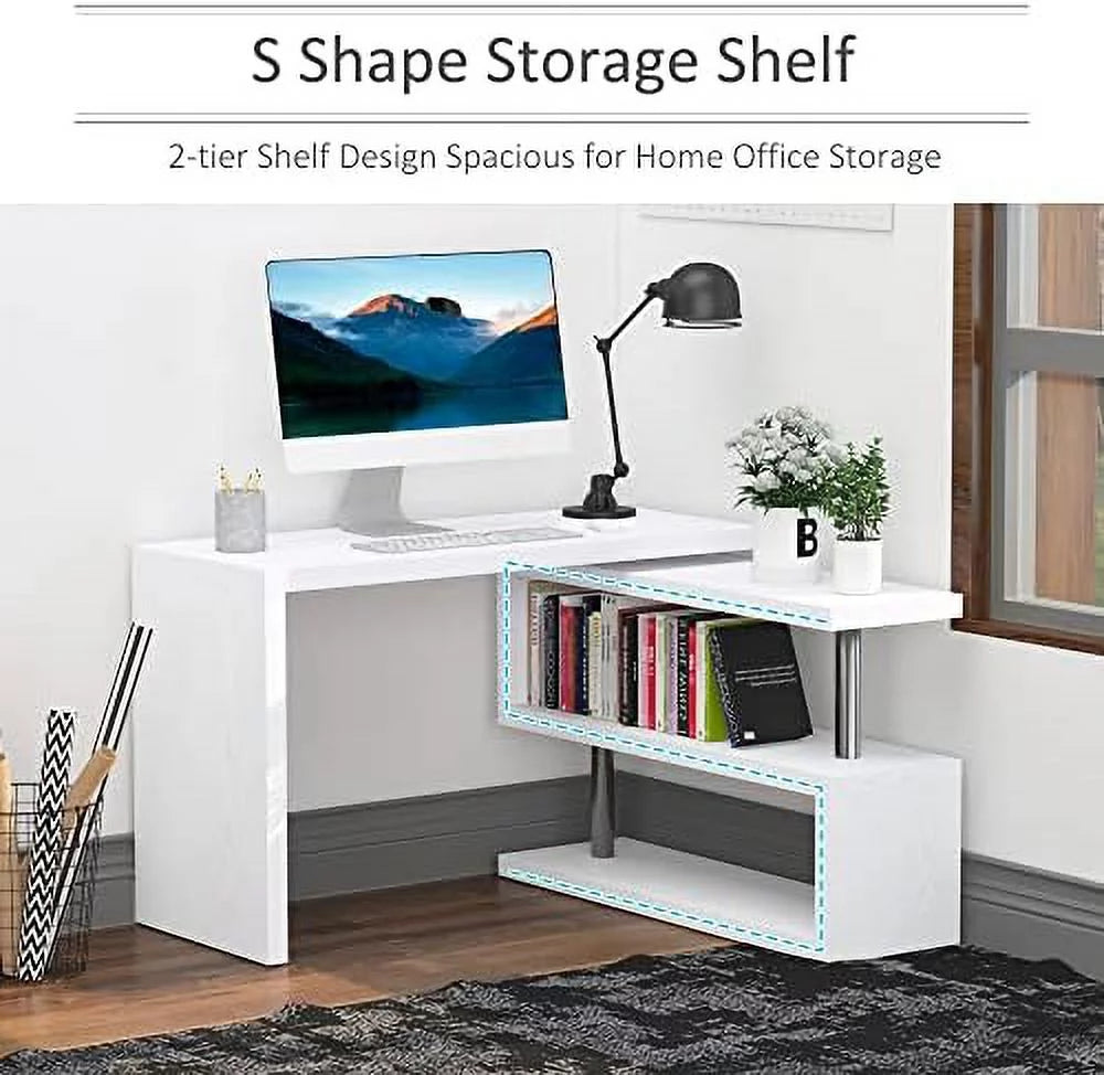 L Shaped Corner Computer Desk with 3-Tier Shelves White A97745