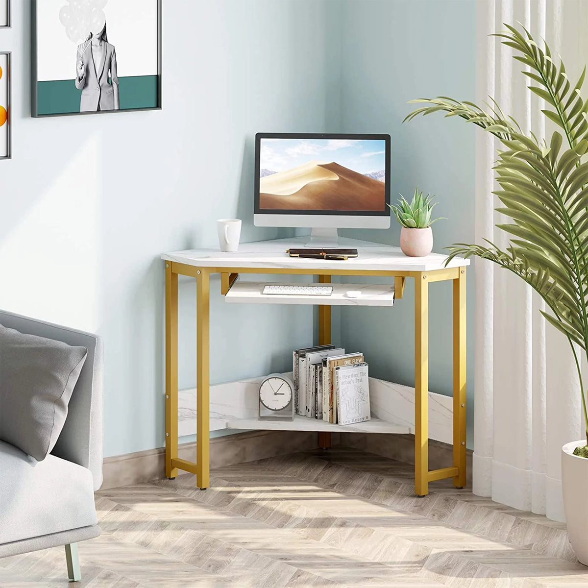 Modern Triangle Corner Computer Desk with Keyboard Tray H73098