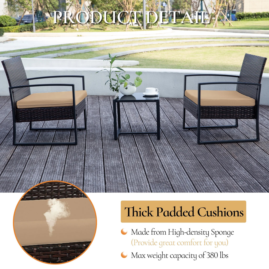 3 Pieces Wicker Patio Furniture Set with Glass Coffee Table T6025