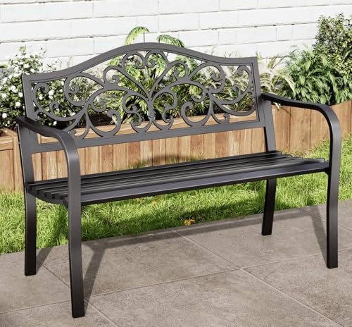 43.7 Inches Outdoor Garden Bench with Geometric Pattern Backrest, Black W29483