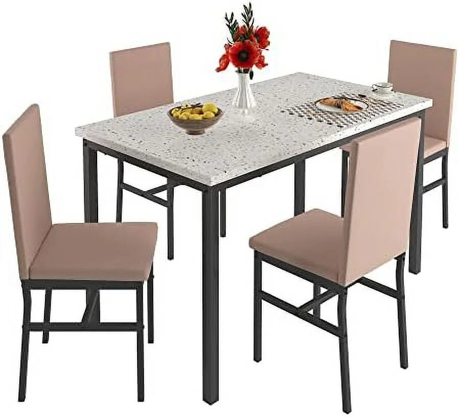 Dining Table Set for 4 with Faux Marble Tabletop and 4 Chairs P63363