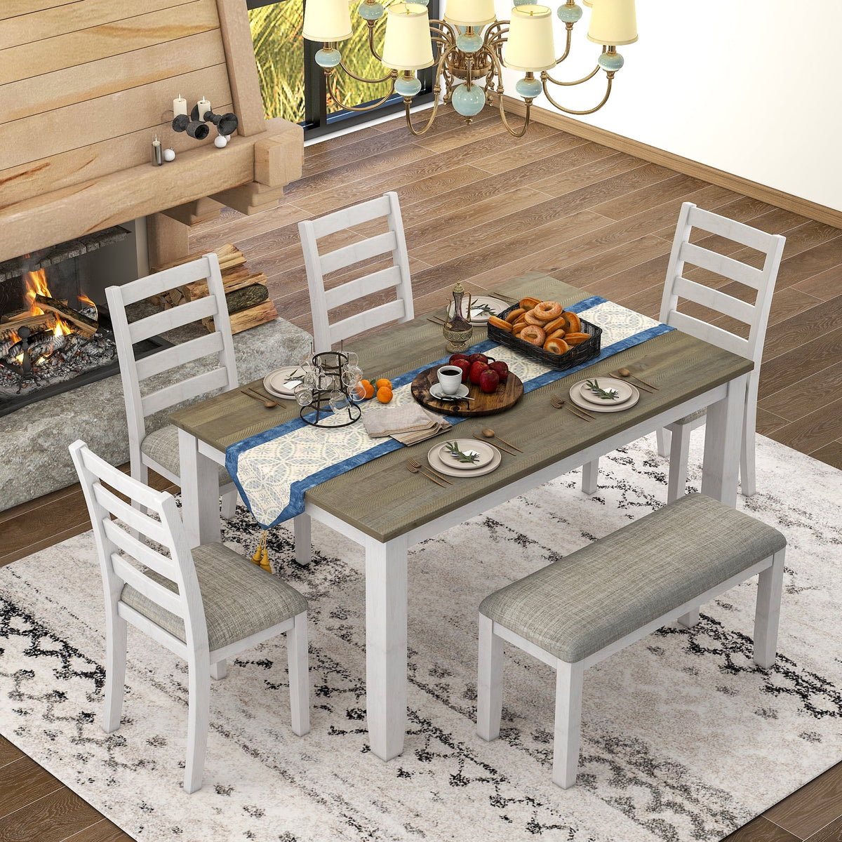 6-Piece Dining Table Set with 4 Upholstered Chairs and Bench J134