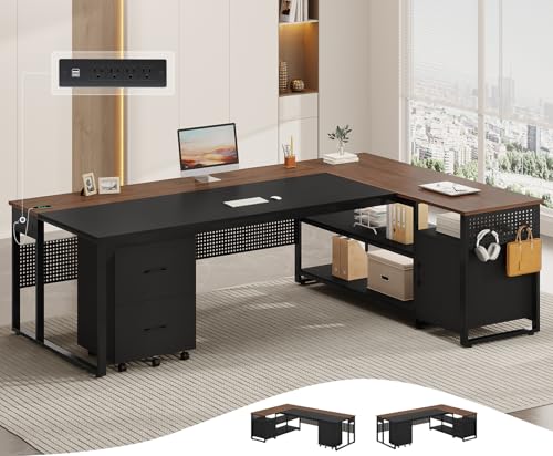 71" Reversible L Shaped Desk with File Cabinet & Power Outlets X623626
