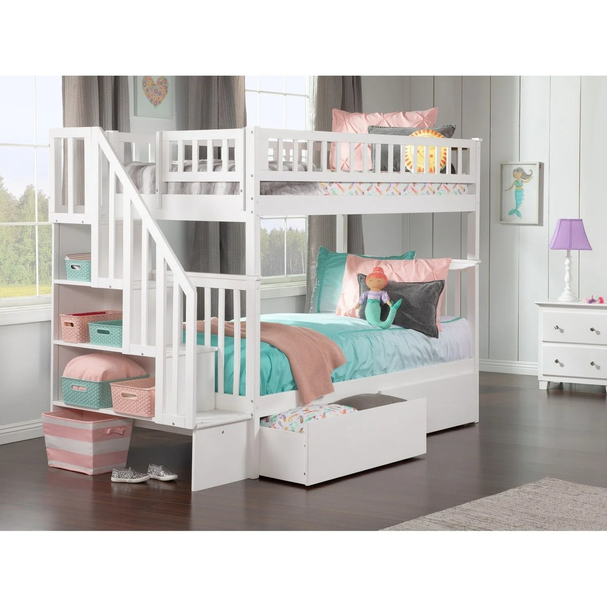 White Twin over Twin Bunk Bed with 2 Bed Drawers Y51579