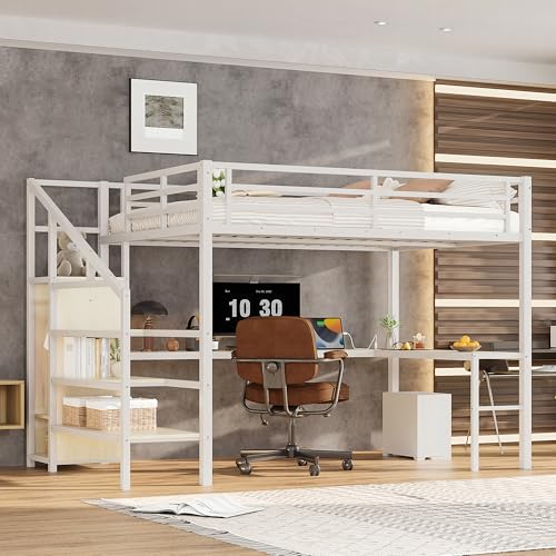 White Queen Loft Bed with Desk and Stairs L45636