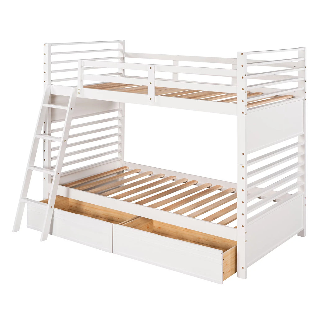 Wood Twin over Twin Bunk Bed with 2 Drawers White R405097