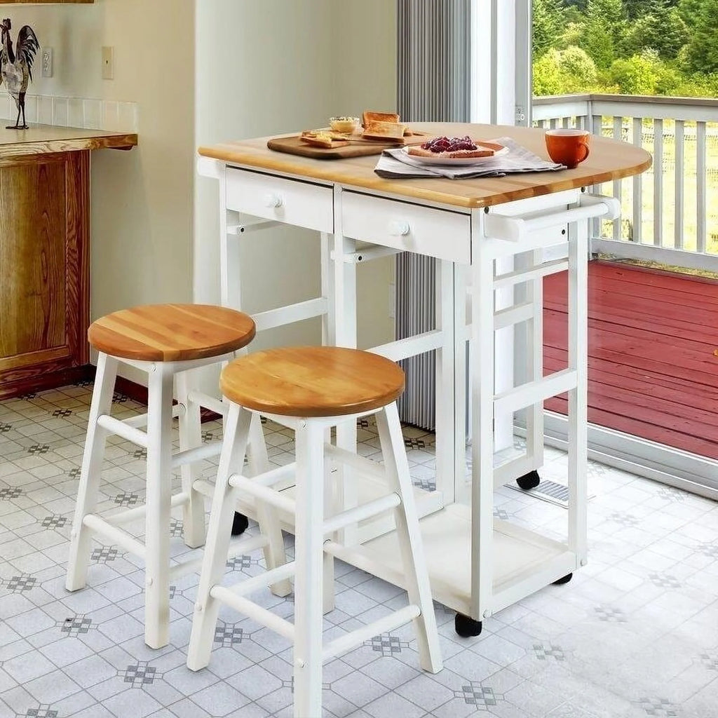 White Rolling Kitchen Cart with Stools S5211
