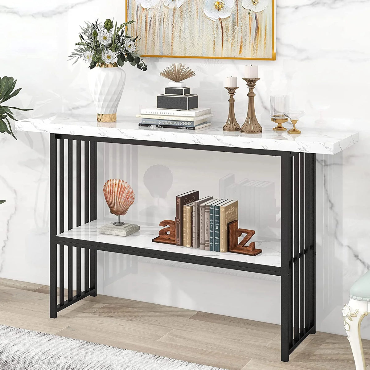 63" Console Table with 2 Storage Shelves White & Black M92109