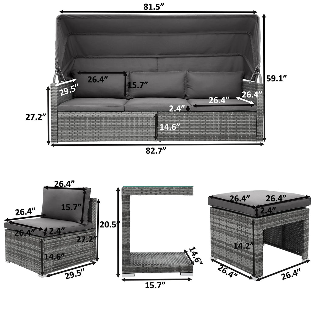 5 Pieces Rattan Sectional Sofa Set with Canopy and Side Table T956593