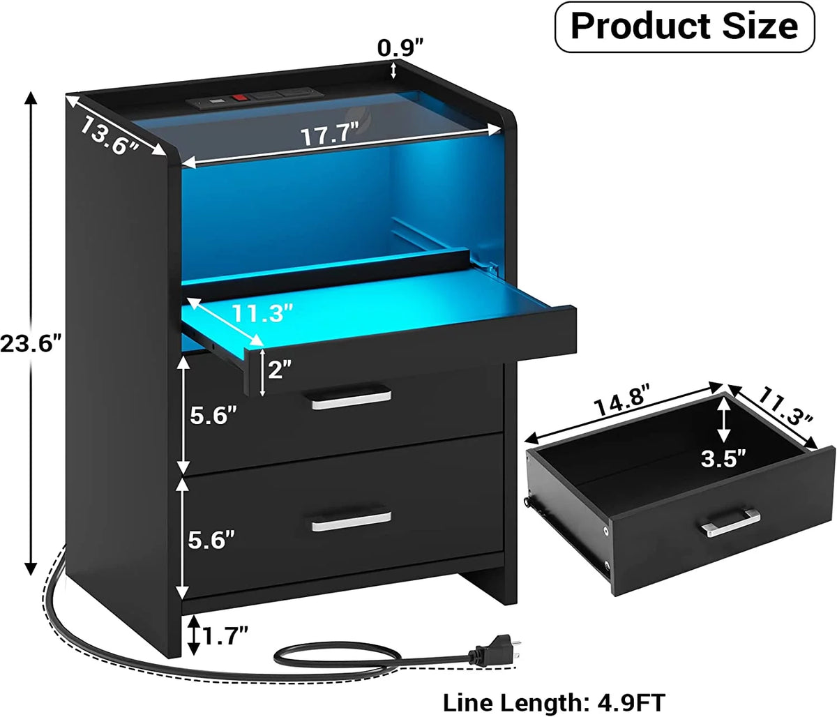 Black Nightstand with LED Lights and Charging Station F3723
