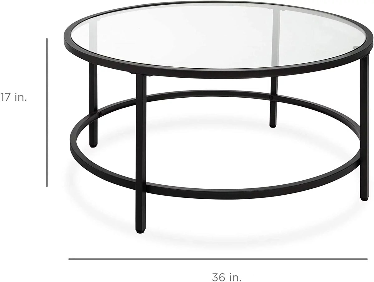 36in Round Tempered Glass Coffee Table with Metal Frame N983482
