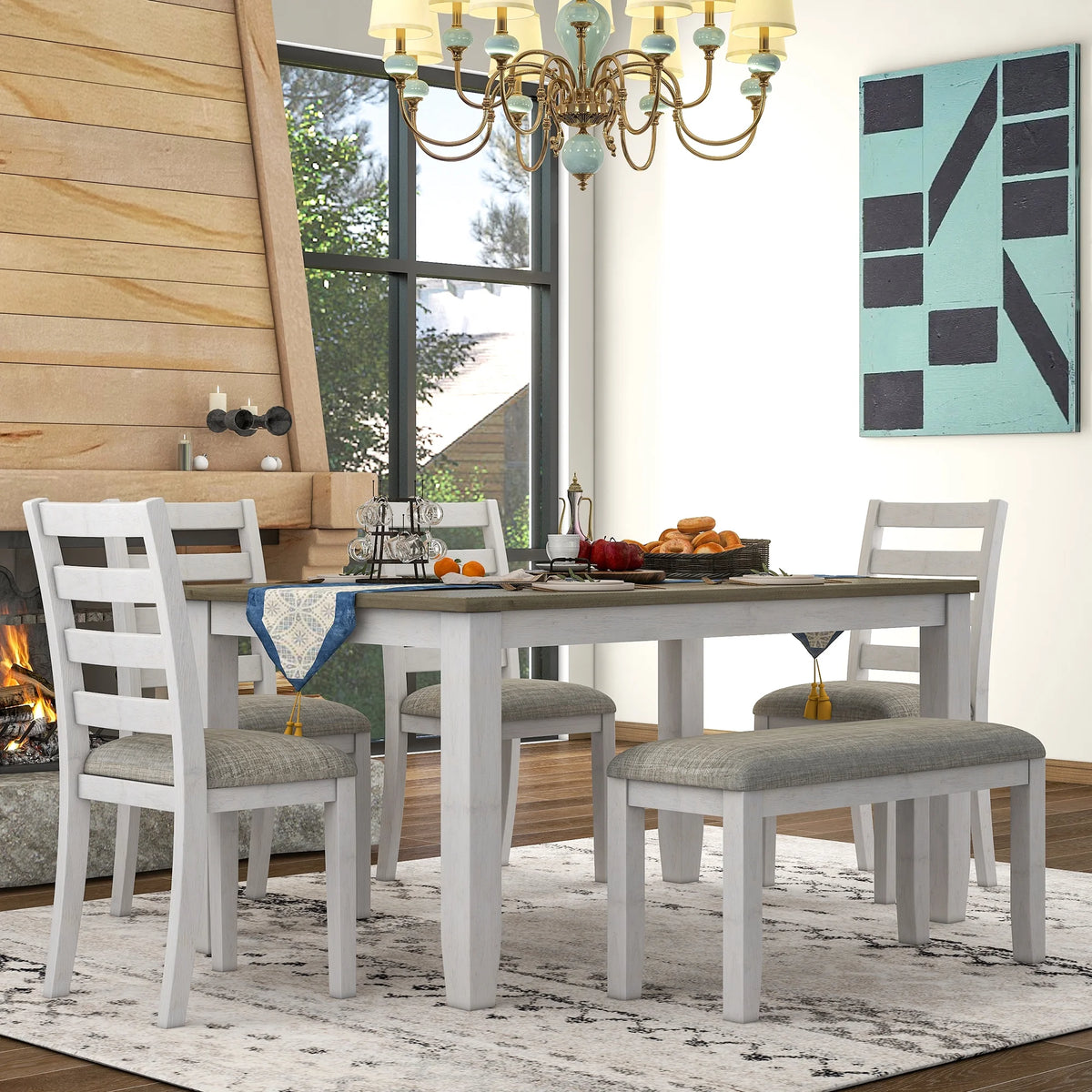 6-Piece Dining Table Set with 4 Upholstered Chairs and Bench J134