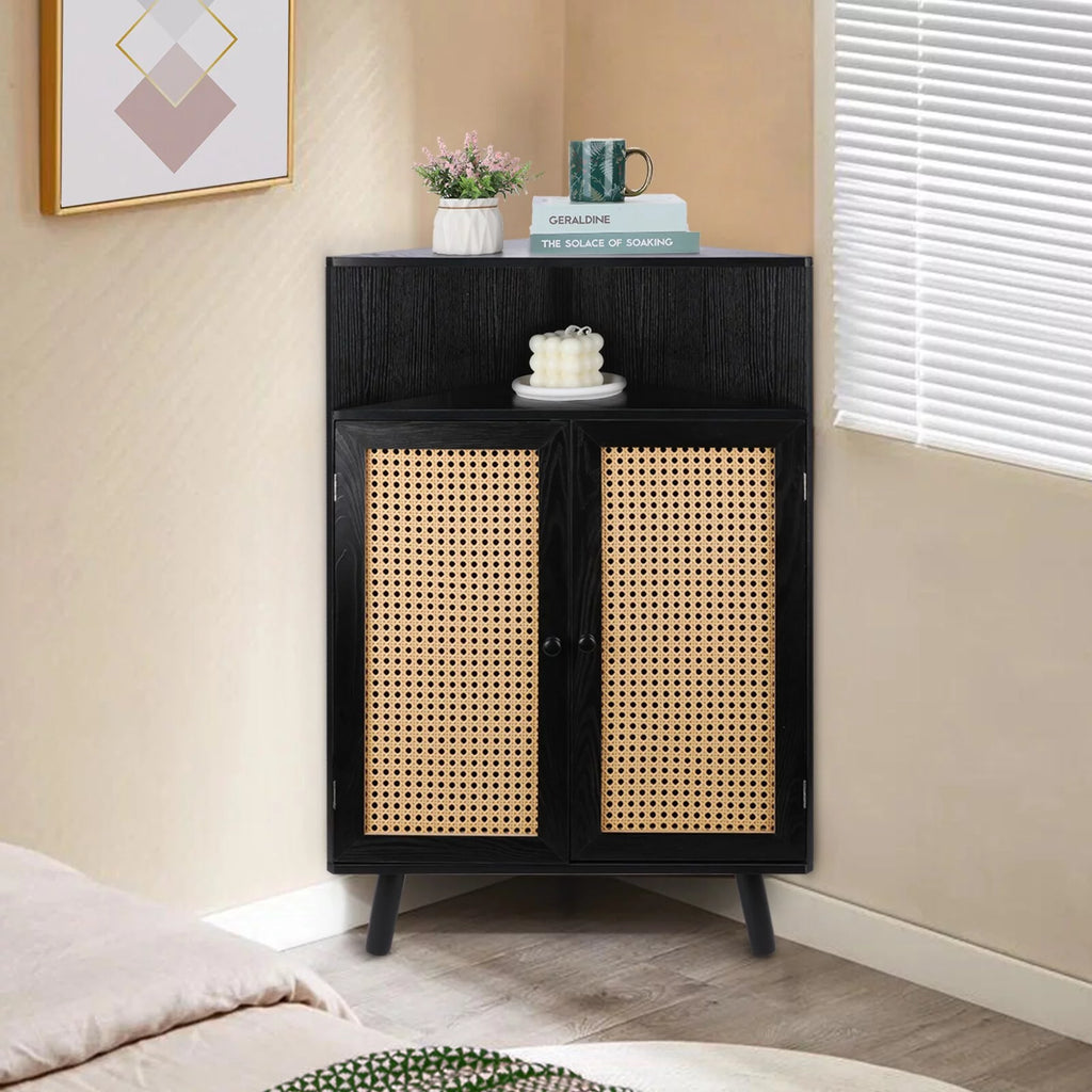 35" Tall Black Rattan Corner Storage Cabinet with Doors M59275