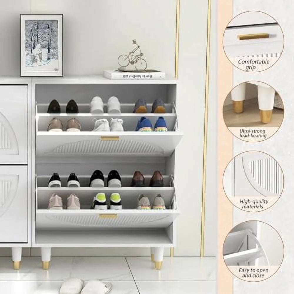 White 2 Flip Drawers Slim Shoe Cabinet S744