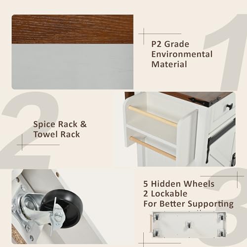 White Kitchen Island with Power Outlet U27504