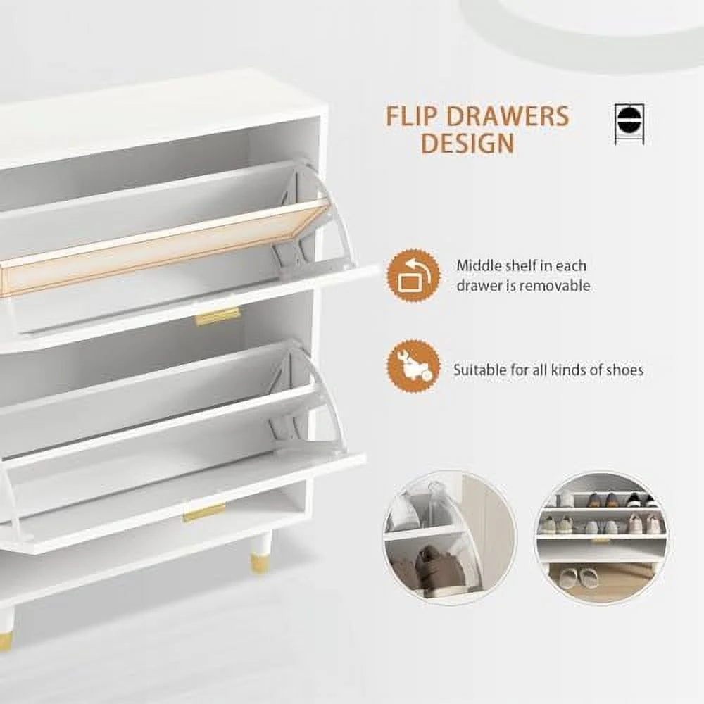 White 2 Flip Drawers Slim Shoe Cabinet S744