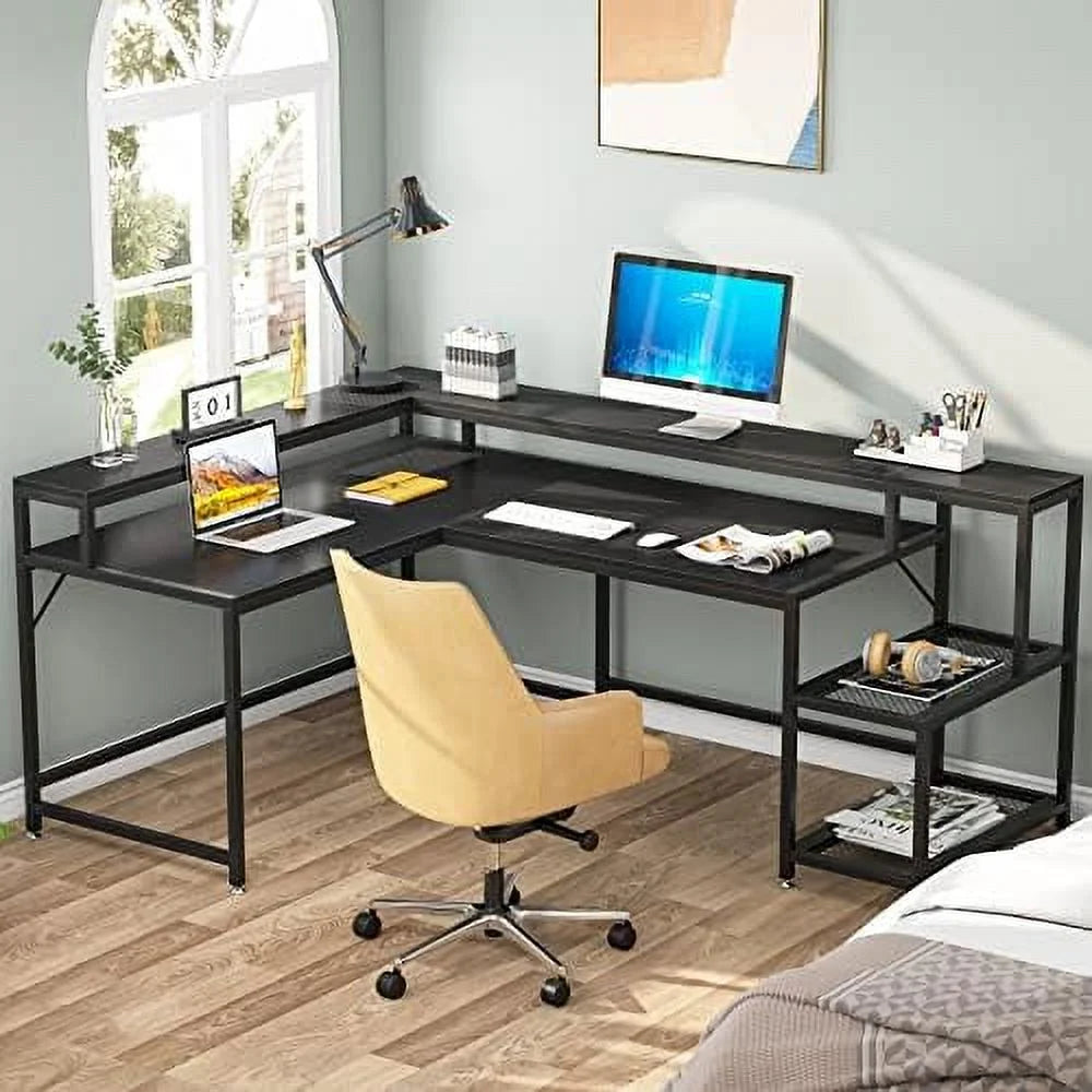 69 Inch L Shaped Desk with Monitor Stand Black H902
