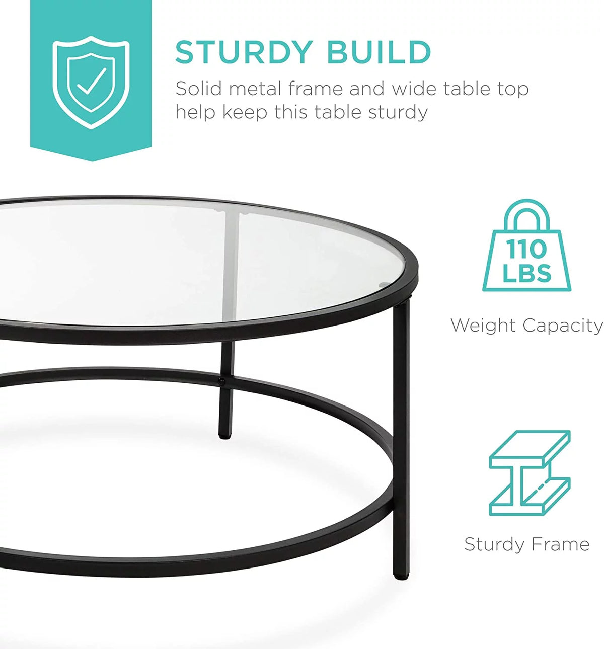 36in Round Tempered Glass Coffee Table with Metal Frame N983482