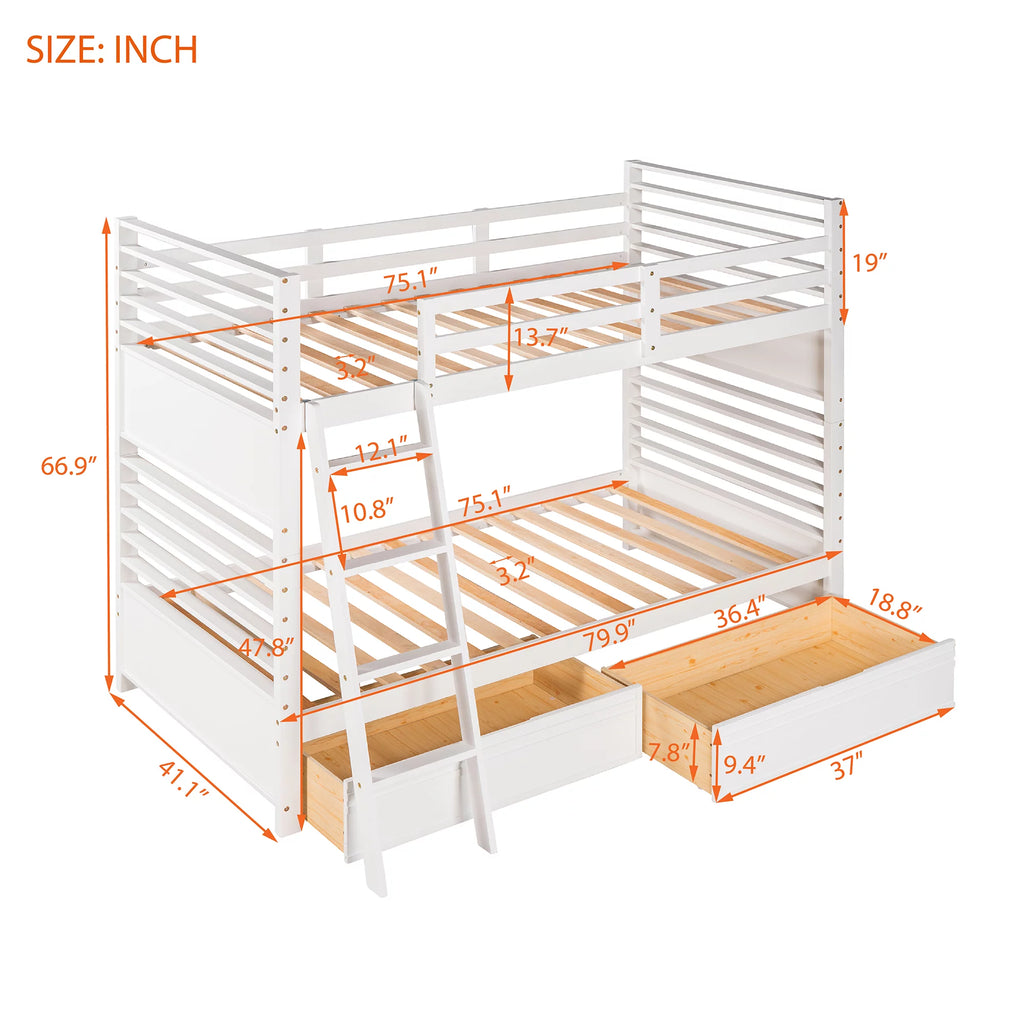 Wood Twin over Twin Bunk Bed with 2 Drawers White R405097