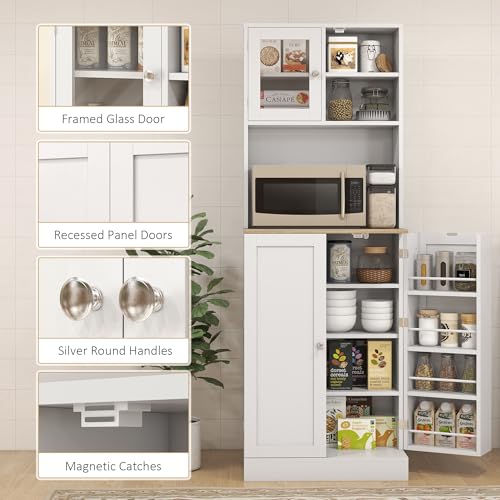 White Kitchen Pantry Cabinet with Microwave Shelf and 8 Door Storage S5929