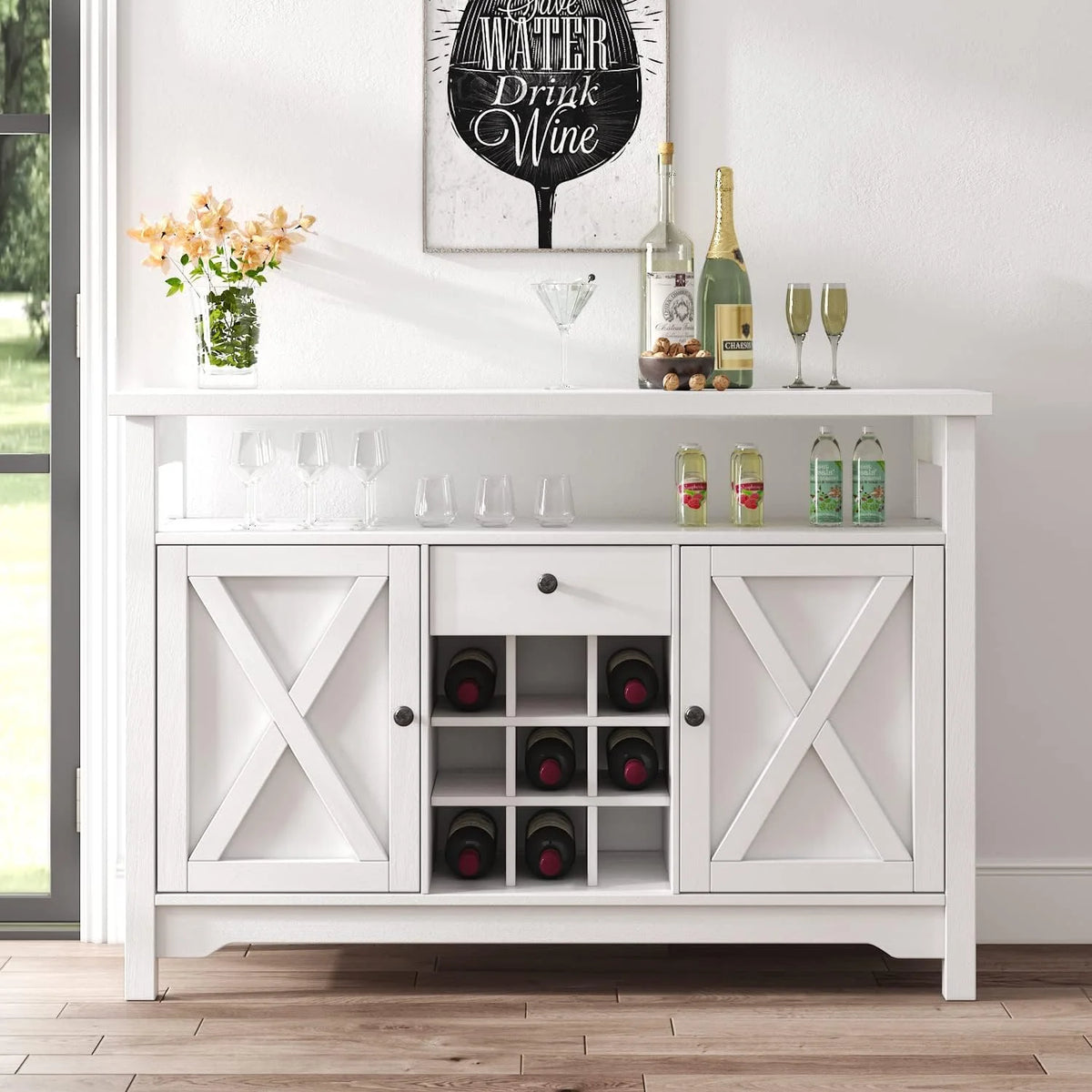 White Coffee Bar Cabinet with 9 Wine Racks N734