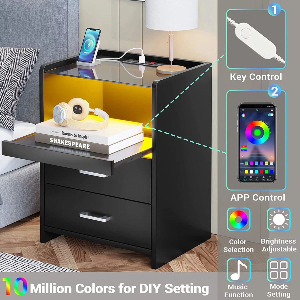 Black Nightstand with LED Lights and Charging Station F3723