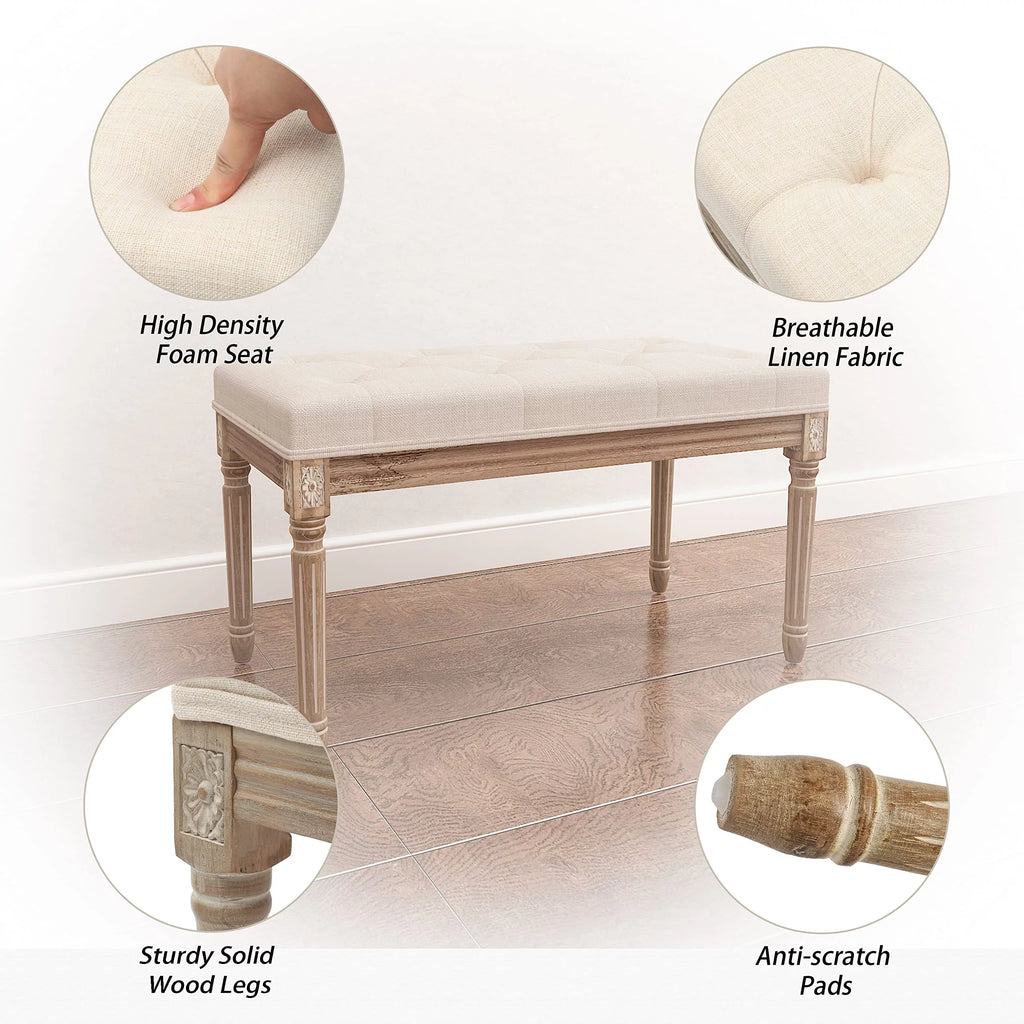 Beige Upholstered Bench with Carved Wood Legs O7666