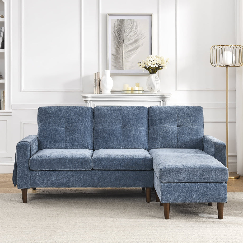 80" Convertible Sectional Sofa Couch, 3 Seats L-shape Sofa with Removable Cushions and Pocket, Rubber Wood Legs, Navy Chenille J778