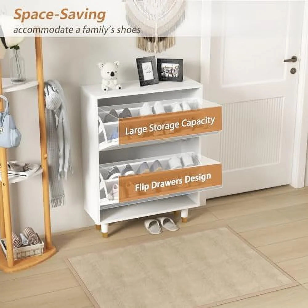 White 2 Flip Drawers Slim Shoe Cabinet S744