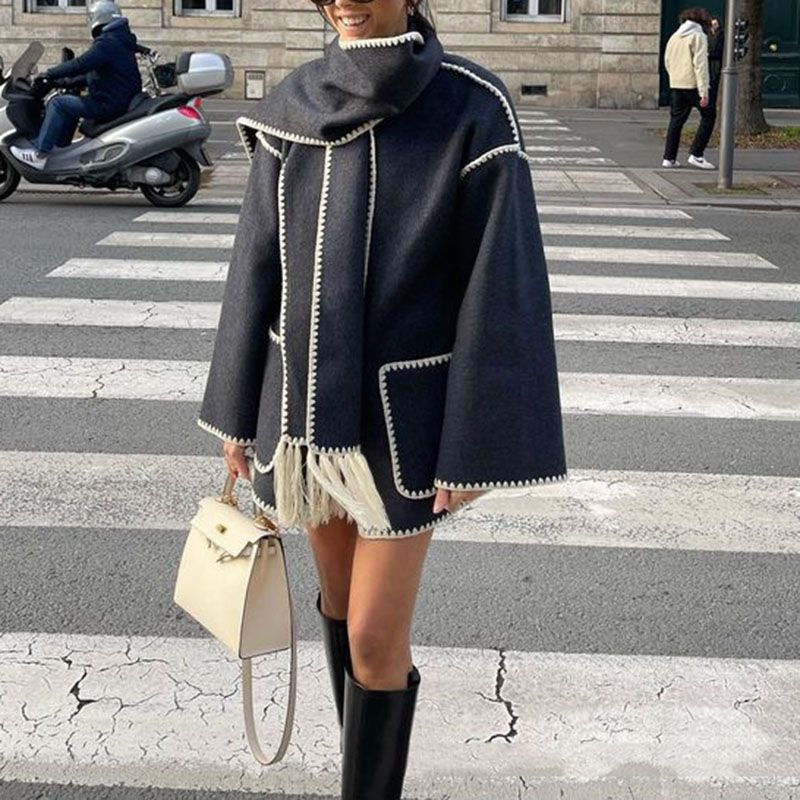Draped Fringed Tassel Wool Blend Scarf Jacket R412