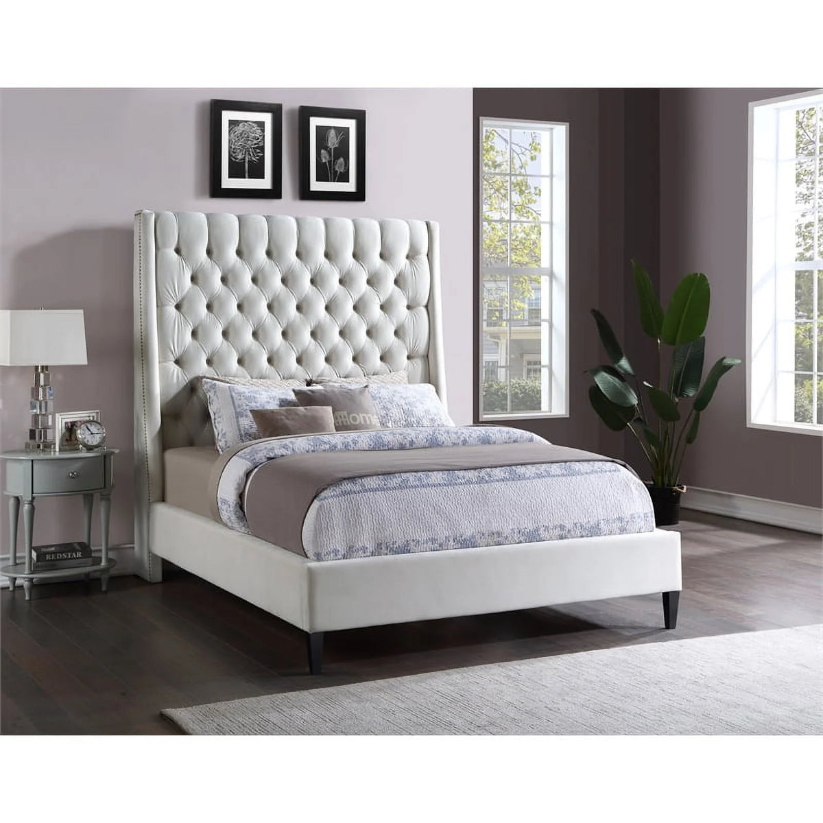Cream Velvet Queen Bed J907436