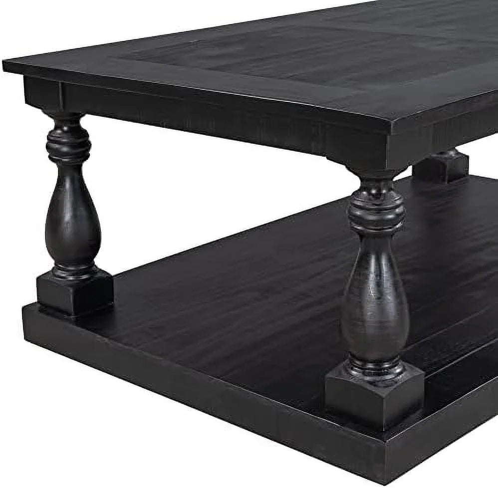 Black Solid Pine Wood Coffee Table with Floor Shelf S406