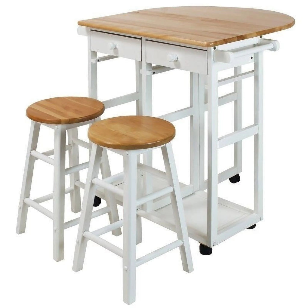 White Rolling Kitchen Cart with Stools S5211