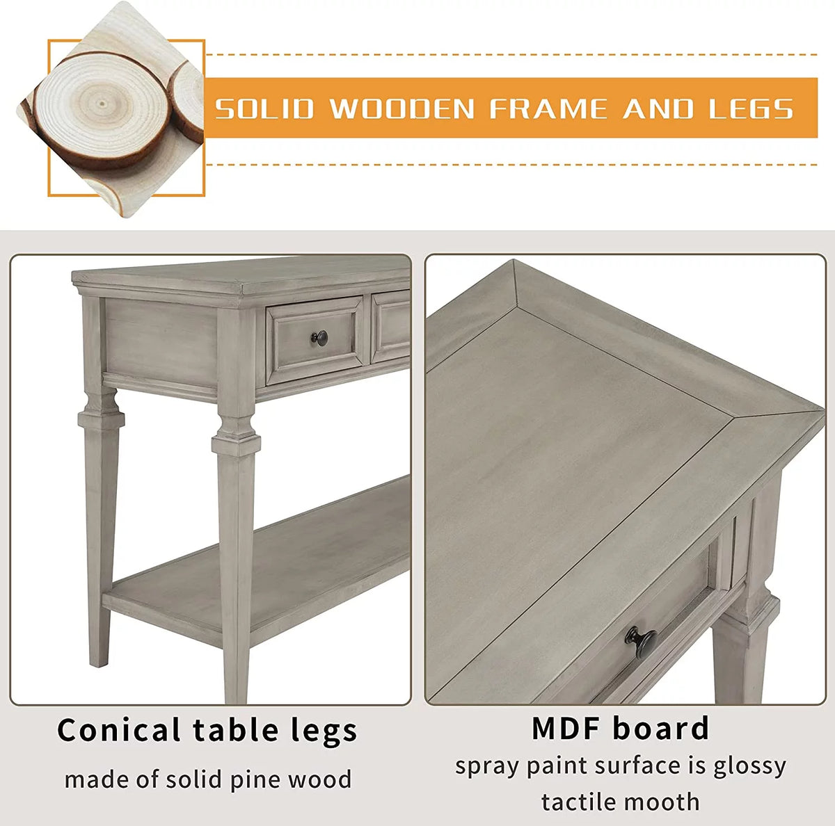 50" Gray Wash Console Table with 3 Drawers and Bottom Shelf E572