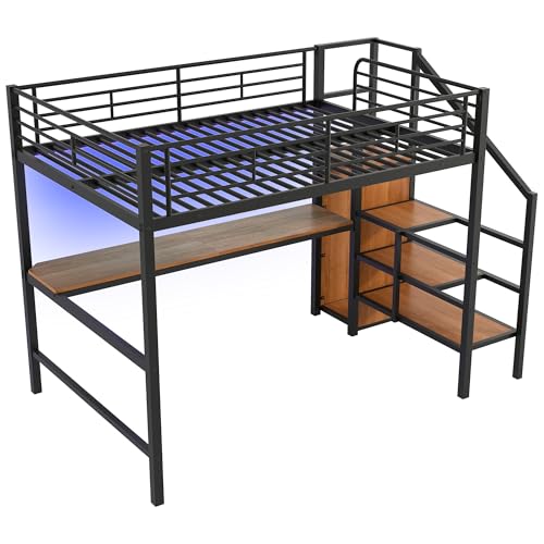 White Queen Loft Bed with Desk and Stairs L45636