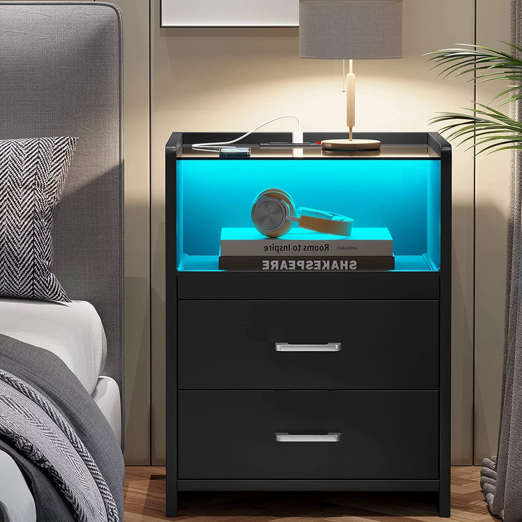 Black Nightstand with LED Lights and Charging Station F3723