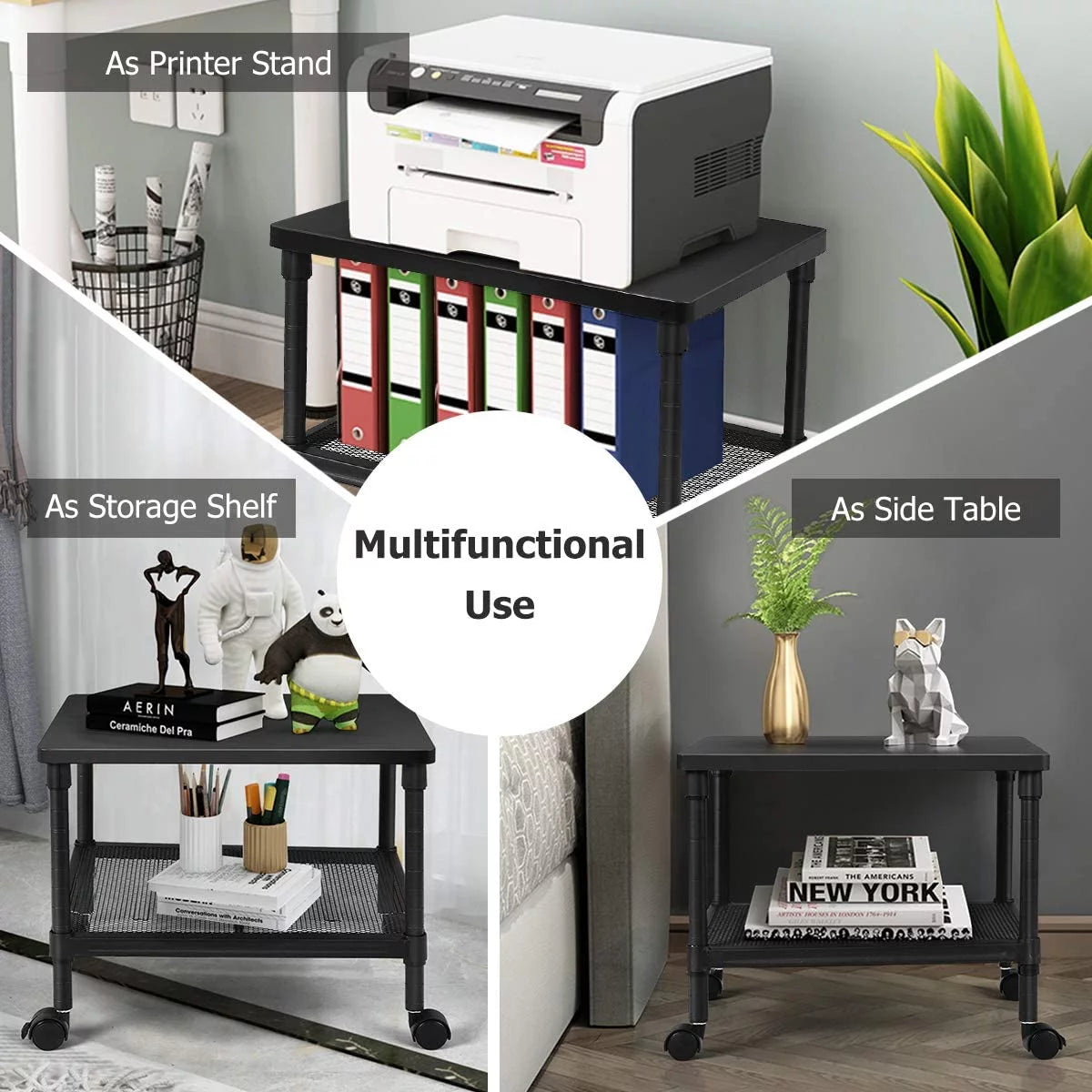 2-Tier Printer Stand with Wheels and Metal Frame B481
