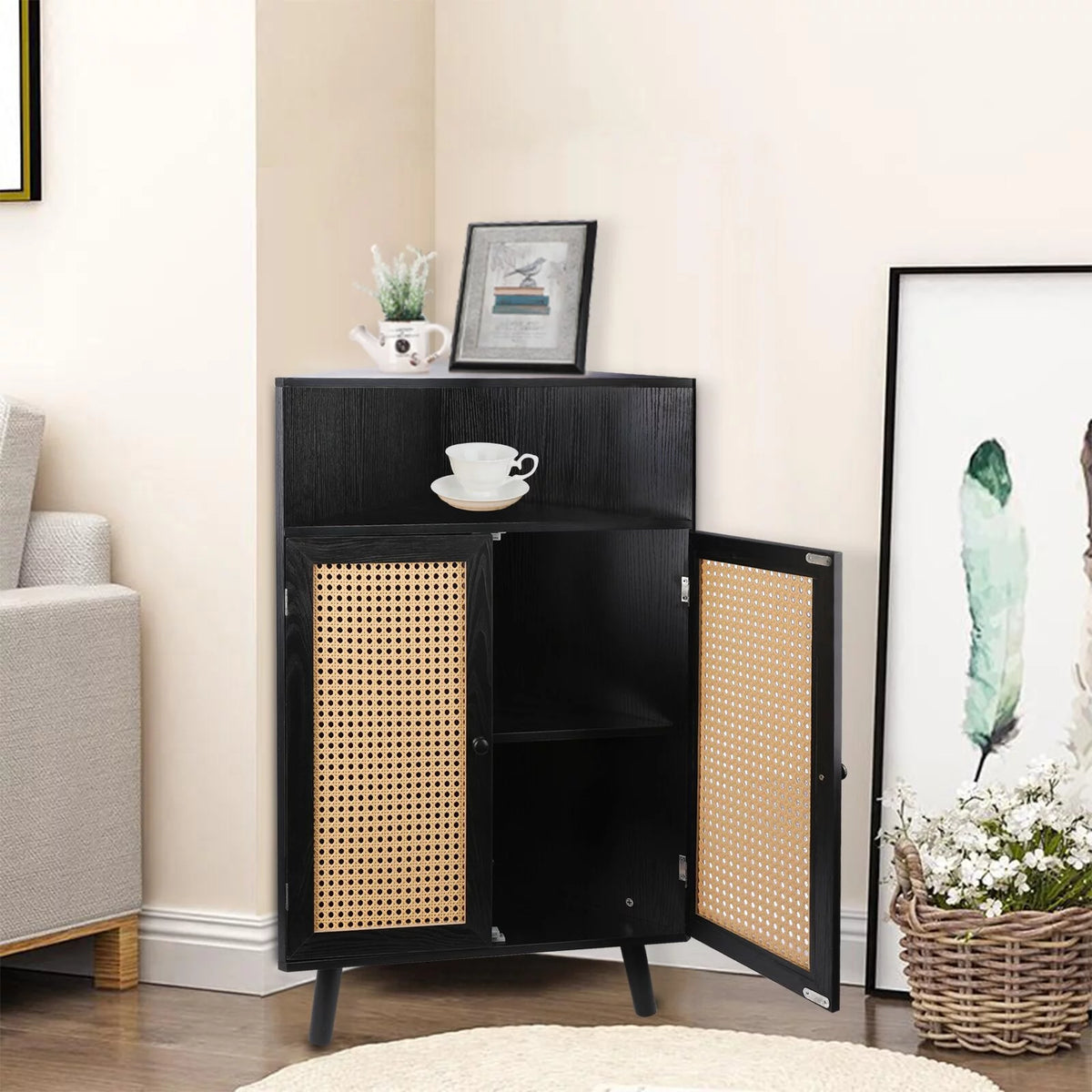 35" Tall Black Rattan Corner Storage Cabinet with Doors M59275