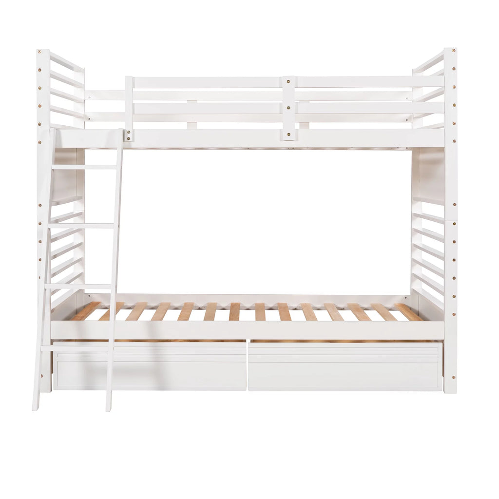 Wood Twin over Twin Bunk Bed with 2 Drawers White R405097