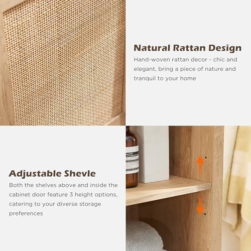 Natural Rattan Bathroom Floor Cabinet with Sliding Door & 3 Drawers S998266