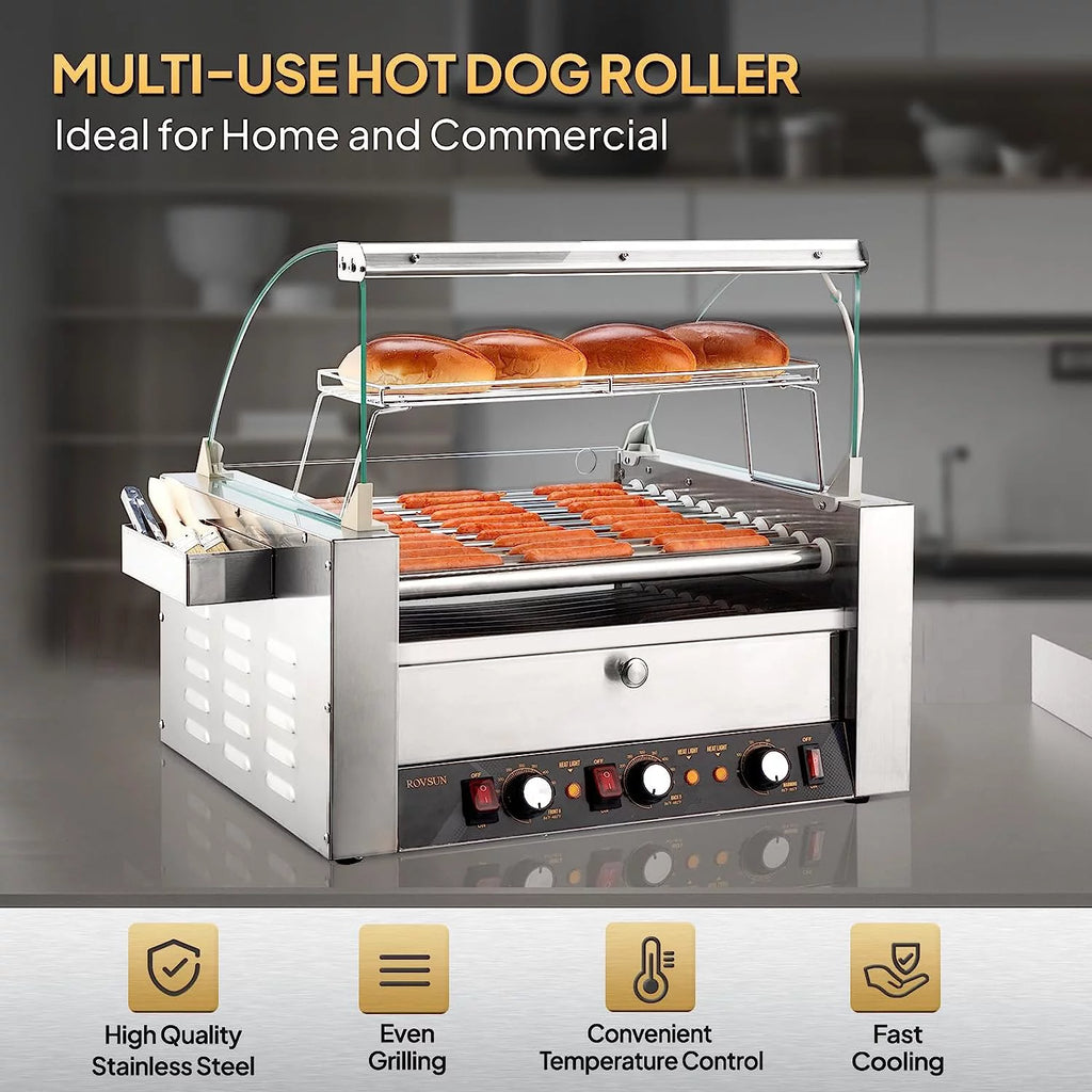 2000W 11 Rollers Hot Dog Roller Grill Cooker Machine with Bun Warmer A6394