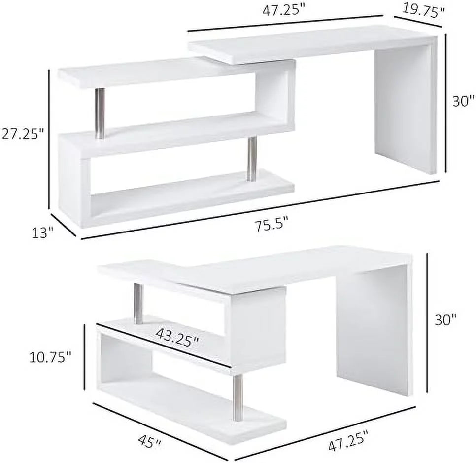 L Shaped Corner Computer Desk with 3-Tier Shelves White A97745