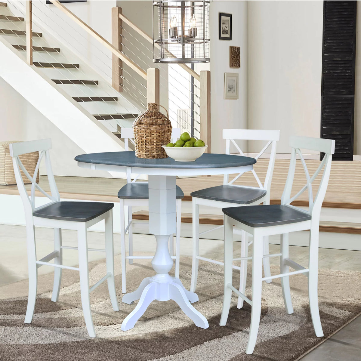 36" Round Solid Wood Extension Dining Table with 4 Bar Height Stools W29190