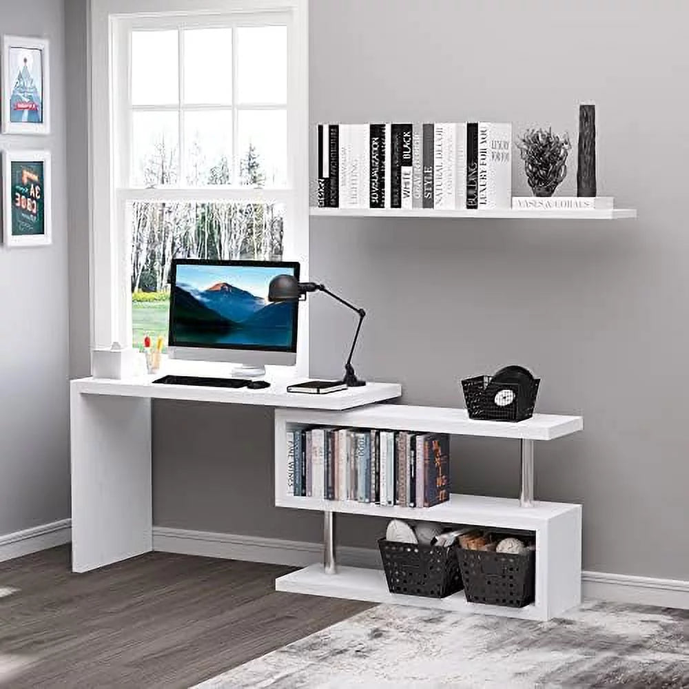 L Shaped Corner Computer Desk with 3-Tier Shelves White A97745