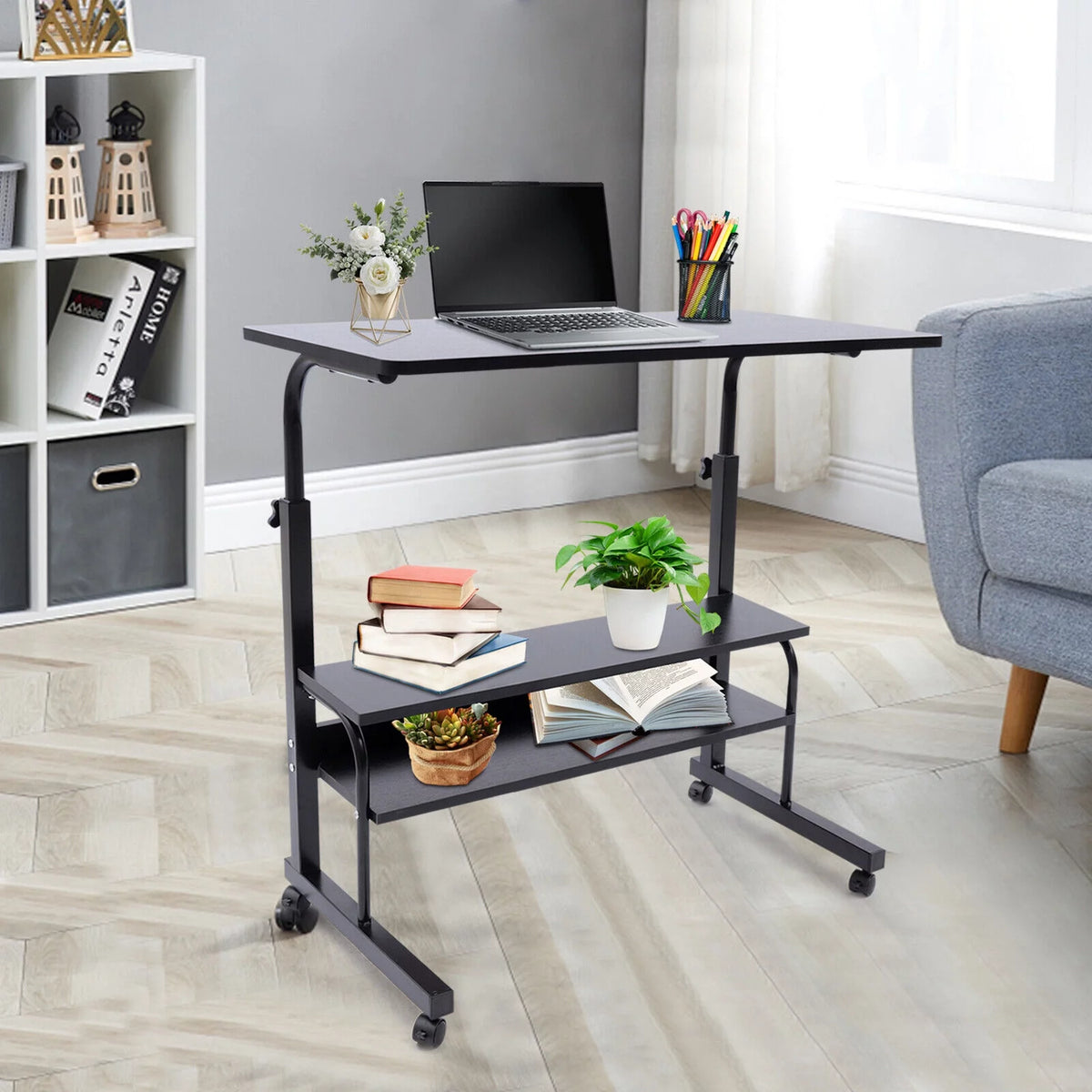 C-Shaped Rolling Sofa Side Table with Shelves Height Adjustable H6826