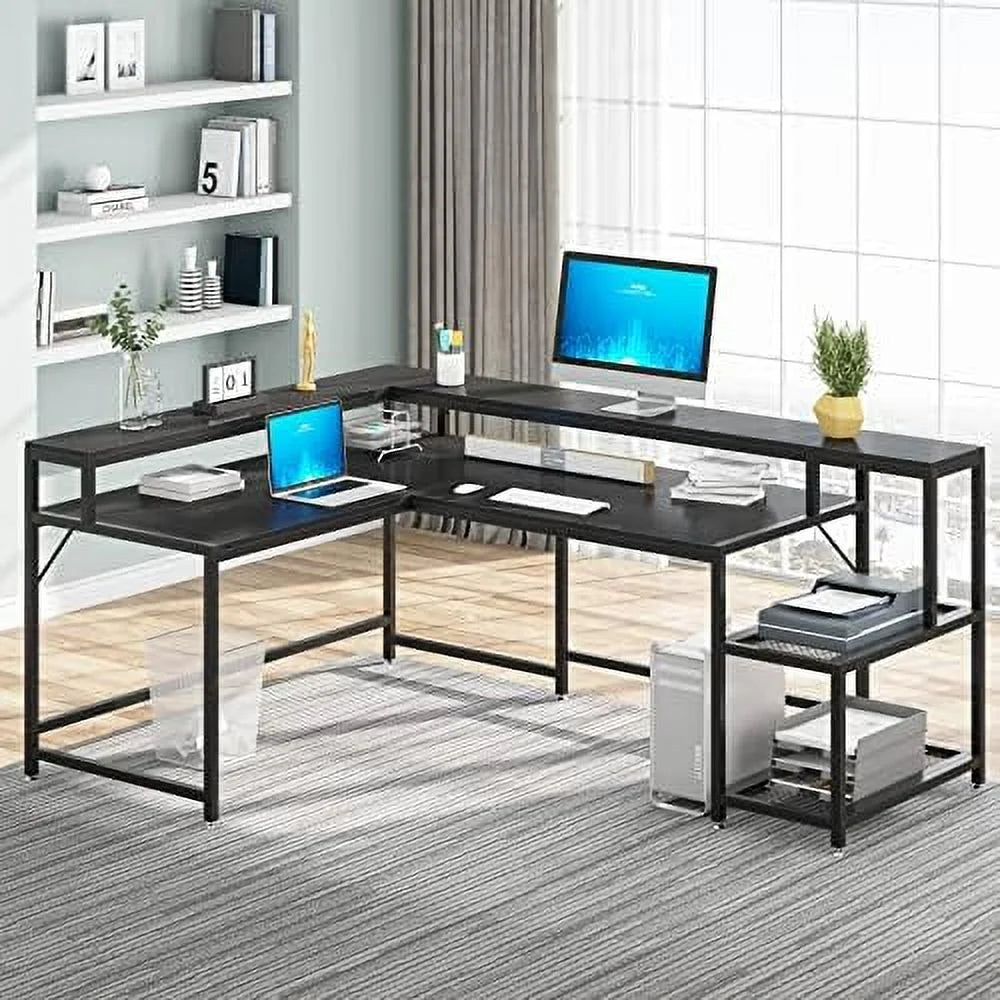 69 Inch L Shaped Desk with Monitor Stand Black H902