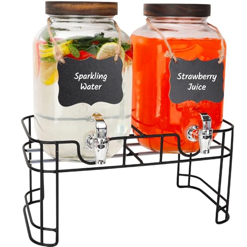2 Pack 1 Gallon Glass Beverage Dispenser with Stand and Spigot C722