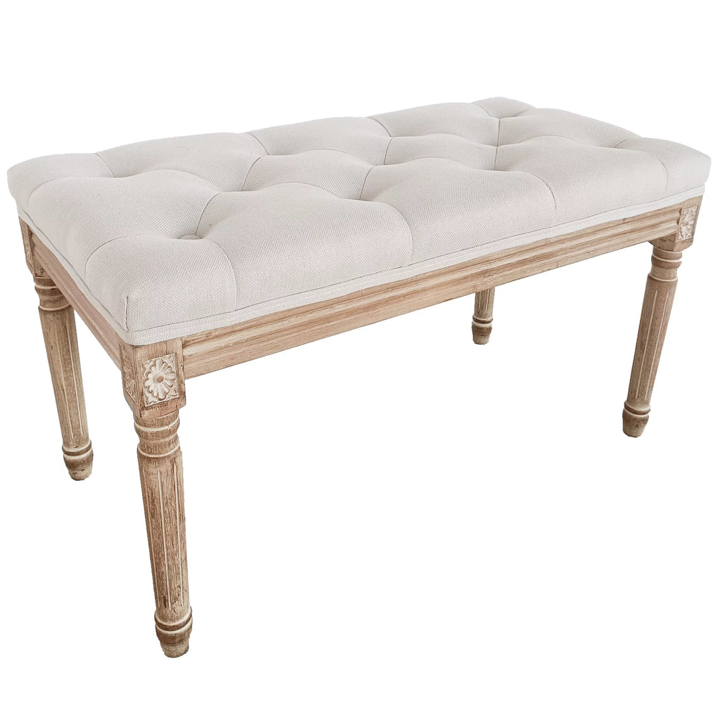 Beige Upholstered Bench with Carved Wood Legs O7666