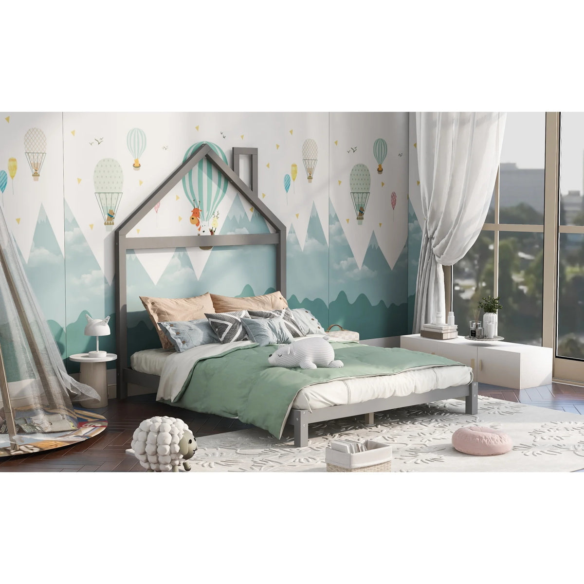 Full Size Gray Wood Platform Bed with House-shaped Headboard S68304